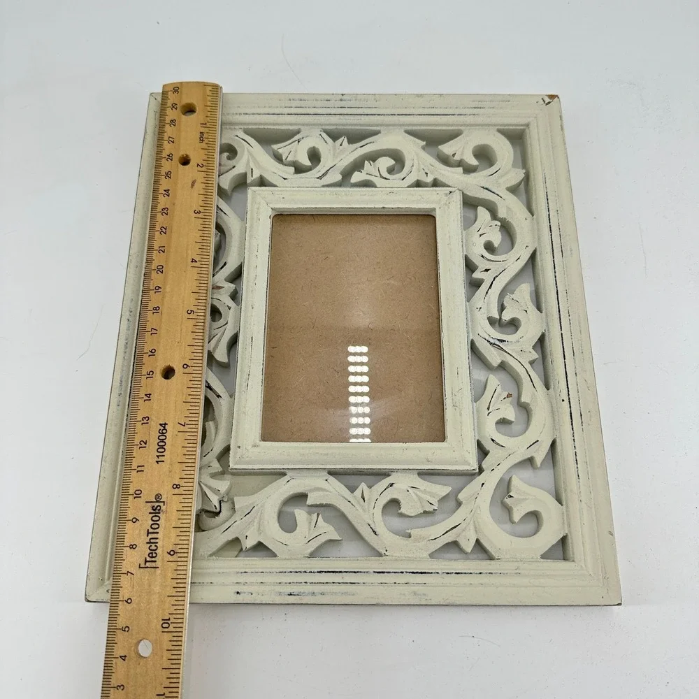 Ornate Distressed Cream Wood Scrollwork Tabletop Picture Frame Shabby Chic